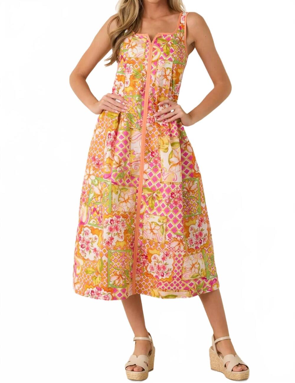 NEW ENTRO izzy bloom vacation midi dress in orange/pink multi